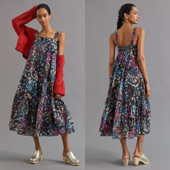 Anthropologie Geisha Designs Floral Organdy Midi Dress Size Medium Sequin Party - Picture 1 of 16